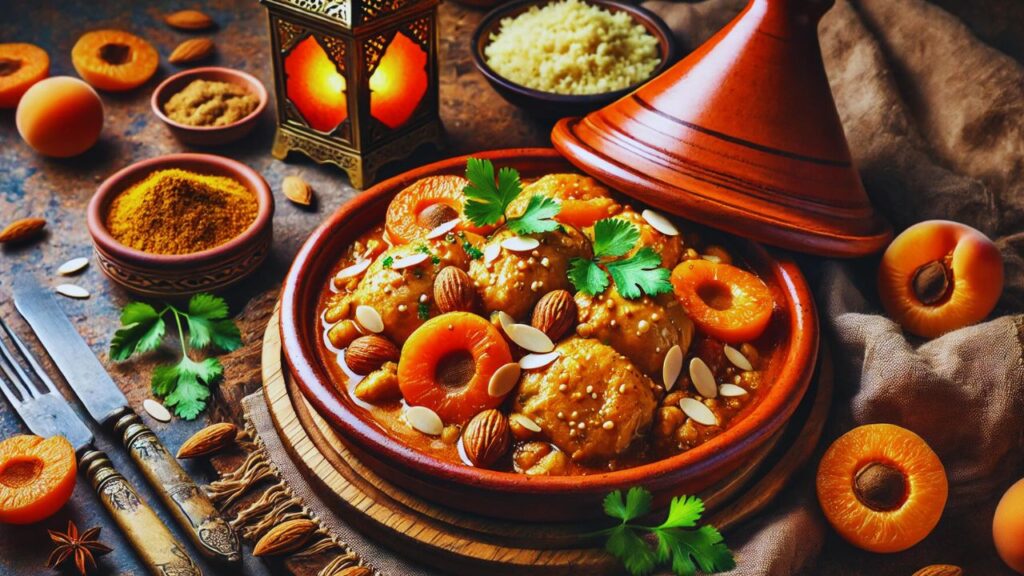 Tajine de frango com damasco e amêndoas