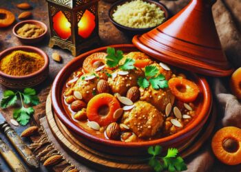 Tajine de frango com damasco e amêndoas