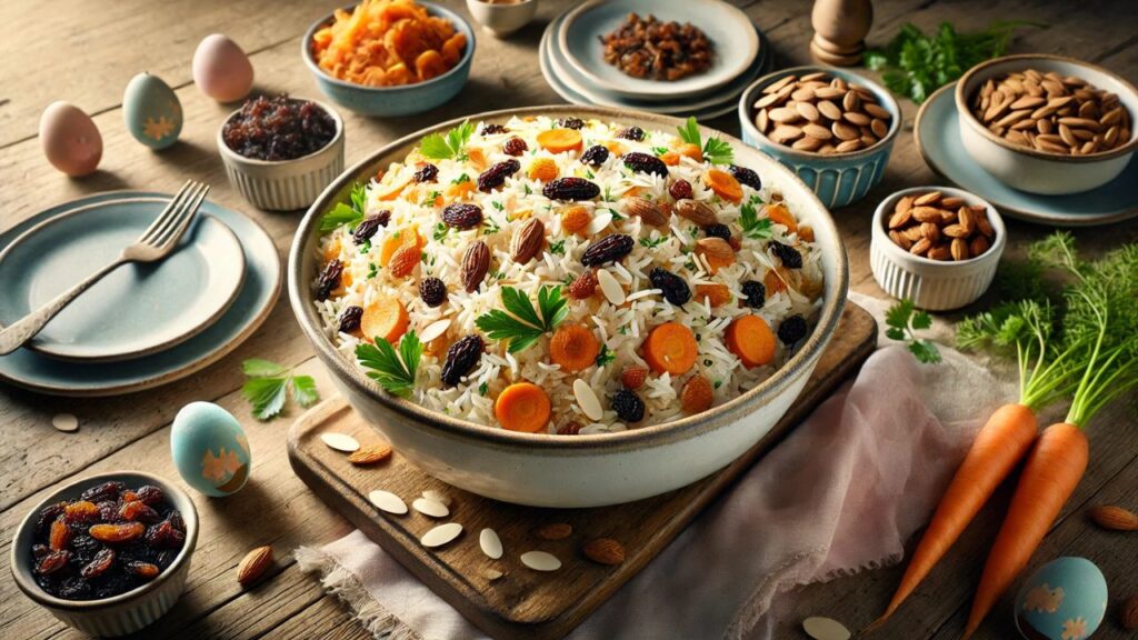 Arroz de Páscoa com amêndoas, passas e cenoura caramelizada