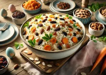 Arroz de Páscoa com amêndoas, passas e cenoura caramelizada