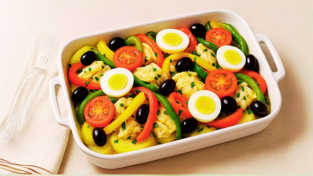 Bacalhoada tradicional com batatas, pimentões e ovos cozidos