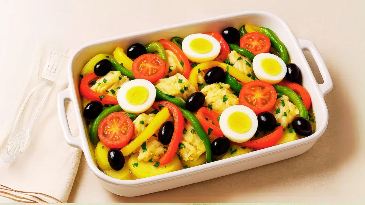 Bacalhoada tradicional com batatas, pimentões e ovos cozidos