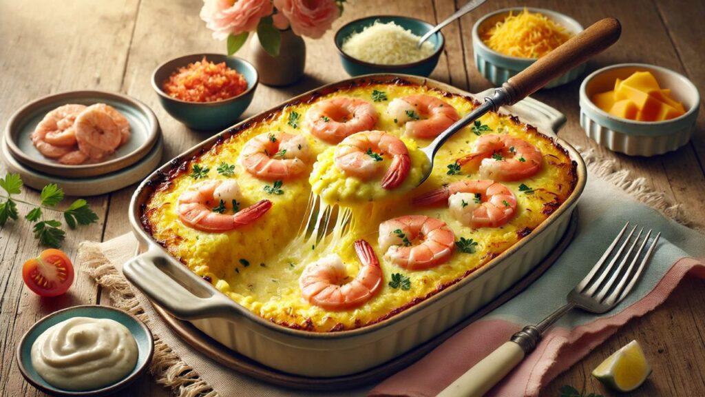 Escondidinho de camarão com purê de mandioquinha