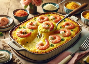 Escondidinho de camarão com purê de mandioquinha