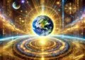 Imagem cósmica da Terra cercada por energia dourada e azul-índigo, com raios de luz conectando o planeta a estrelas distantes — representando a ascensão espiritual de Urântia e sua reconexão com a rede universal.