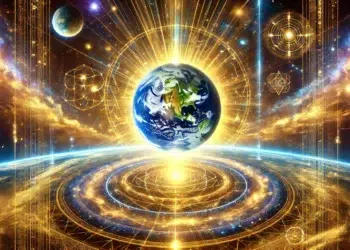 Imagem cósmica da Terra cercada por energia dourada e azul-índigo, com raios de luz conectando o planeta a estrelas distantes — representando a ascensão espiritual de Urântia e sua reconexão com a rede universal.