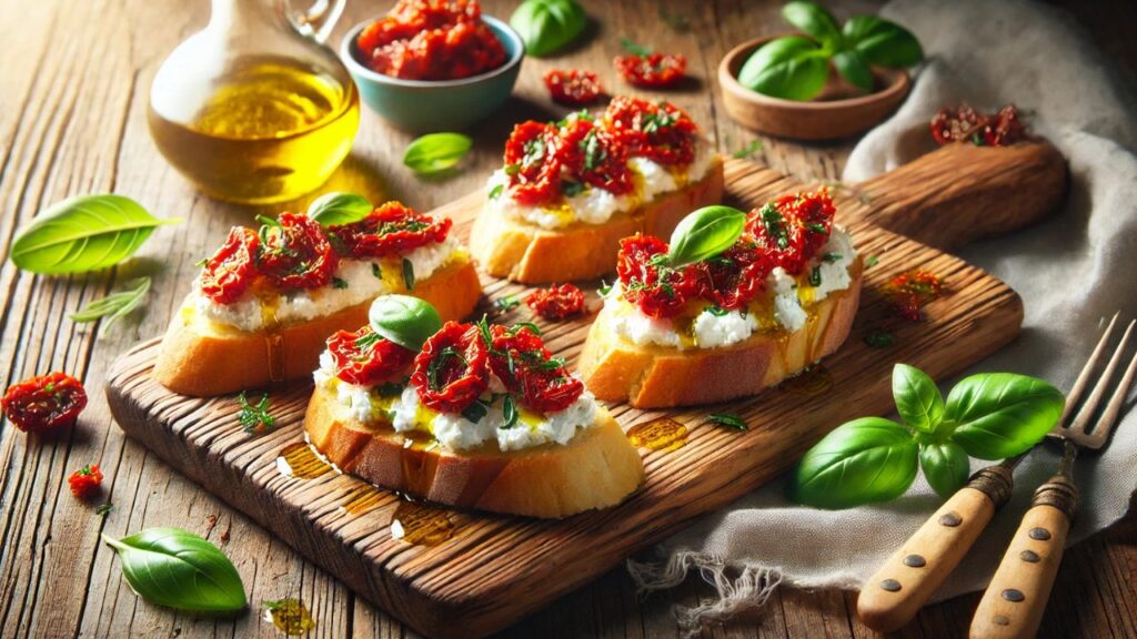 Bruschettas de ricota com tomate seco e manjericão