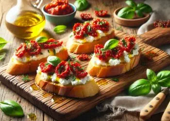 Bruschettas de ricota com tomate seco e manjericão