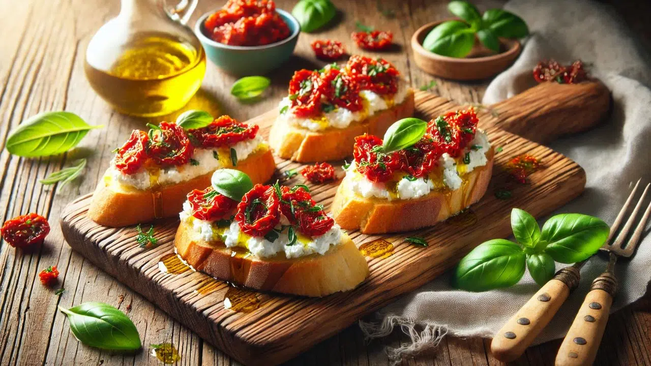 Bruschettas de ricota com tomate seco e manjericão