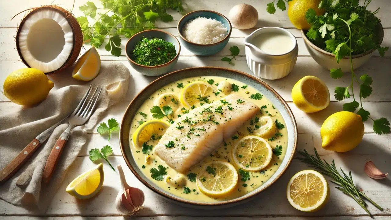 Filé de peixe ao molho de coco e limão-siciliano