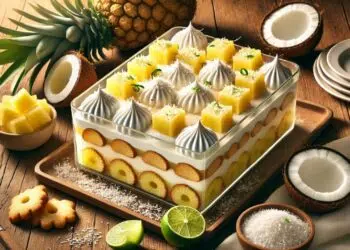 Pavê tropical de coco com abacaxi e raspas de limão