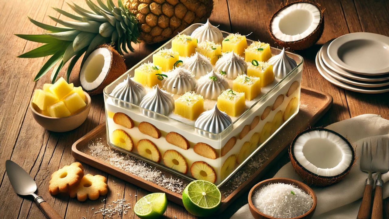 Pavê tropical de coco com abacaxi e raspas de limão