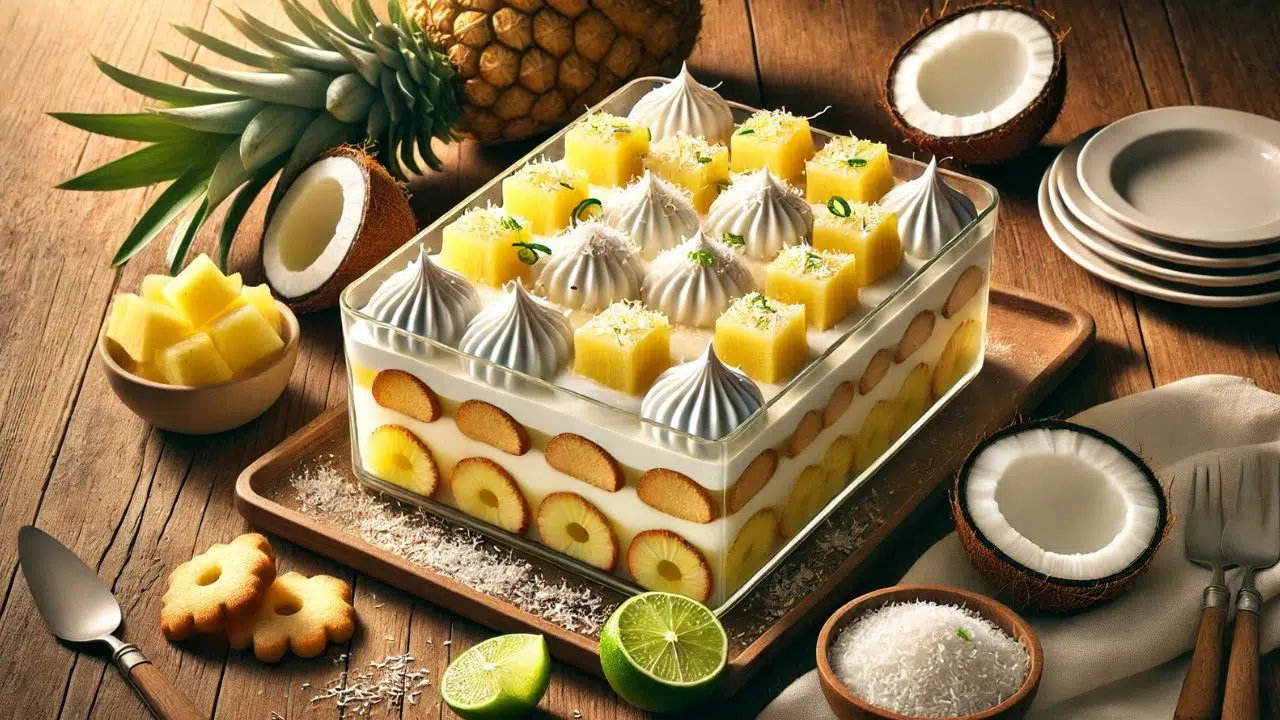 Pavê tropical de coco com abacaxi e raspas de limão