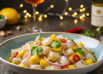 Ceviche de robalo com manga, limão-siciliano e pimenta dedo-de-moça