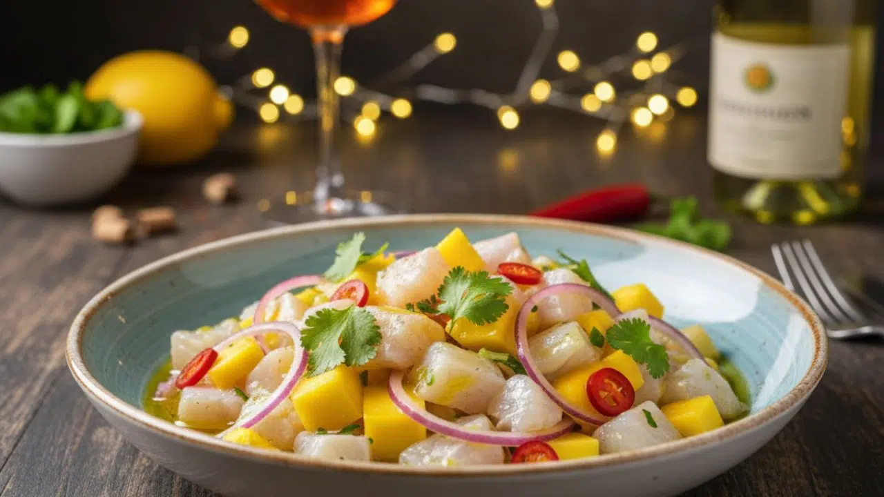 Ceviche de robalo com manga, limão-siciliano e pimenta dedo-de-moça