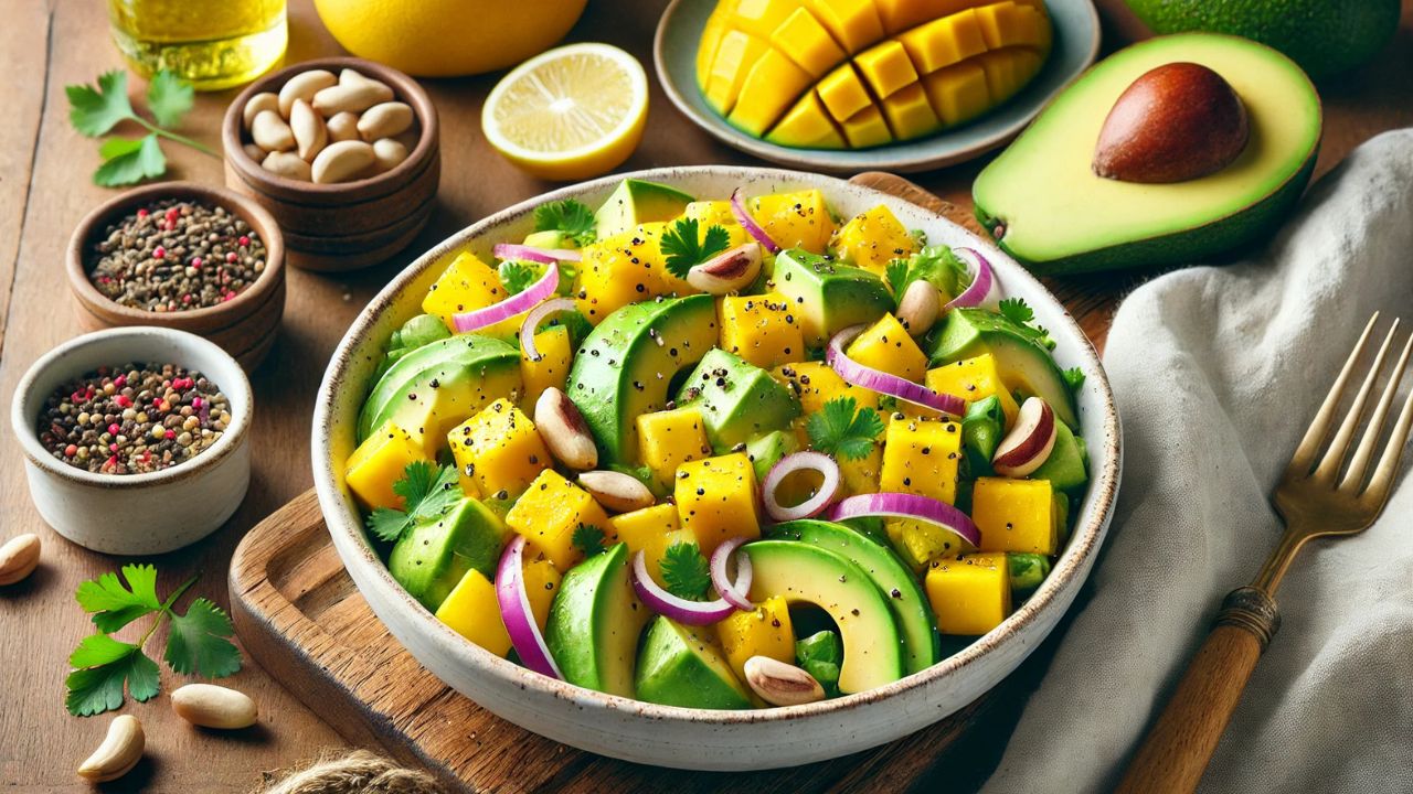 Salada de abacate com manga, limão e castanhas