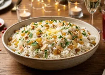 Arroz de festa com amêndoas, passas douradas e ervas frescas