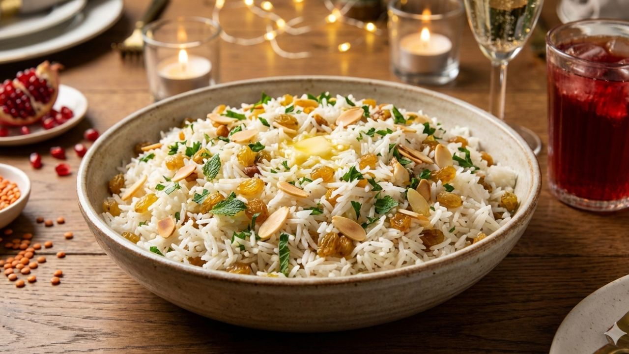 Arroz de festa com amêndoas, passas douradas e ervas frescas