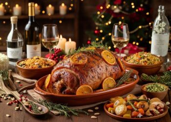 Pernil suíno assado com laranja, vinho branco e ervas frescas