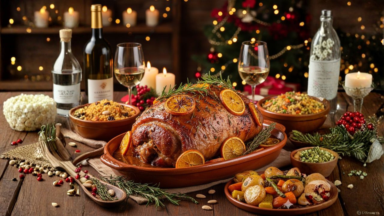 Pernil suíno assado com laranja, vinho branco e ervas frescas