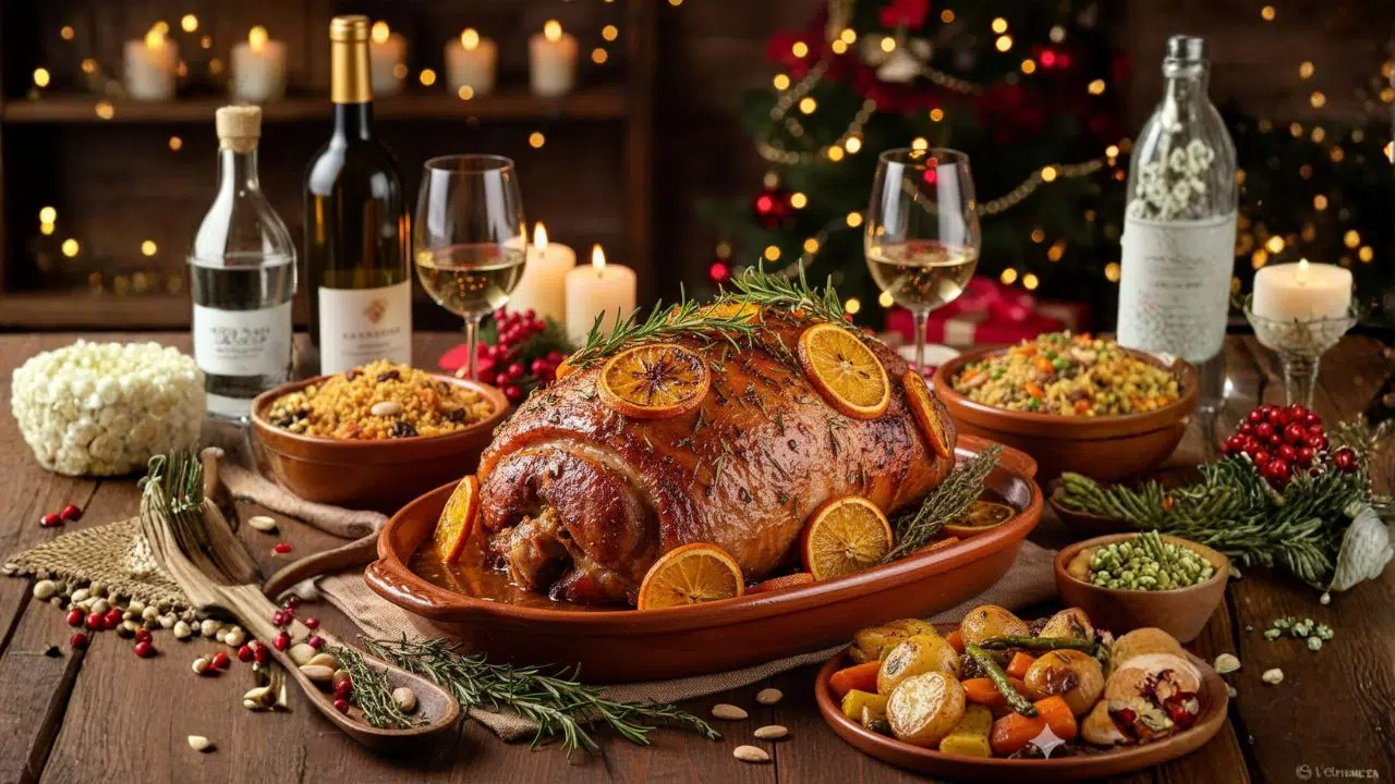 Pernil suíno assado com laranja, vinho branco e ervas frescas