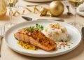 Salmão ao molho de maracujá e mel com arroz de amêndoas