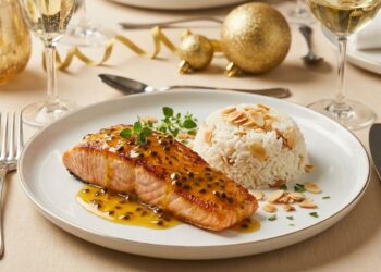 Salmão ao molho de maracujá e mel com arroz de amêndoas
