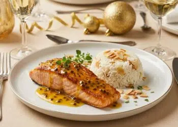 Salmão ao molho de maracujá e mel com arroz de amêndoas