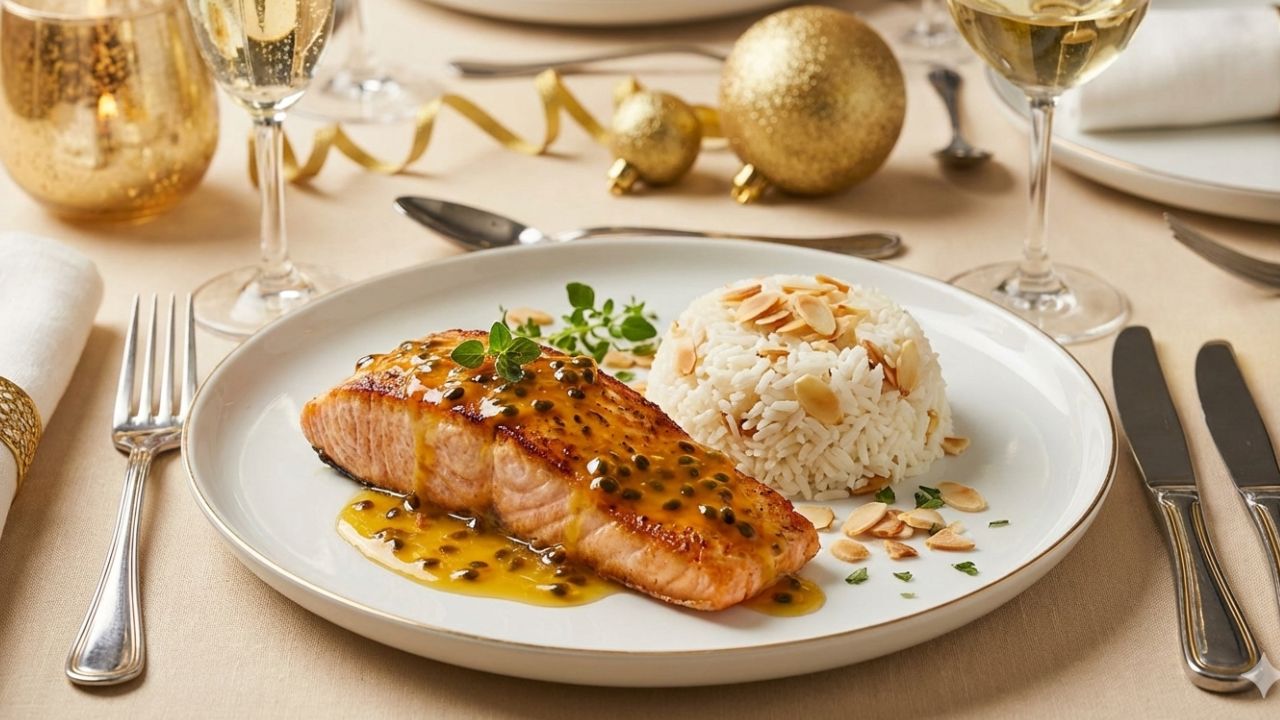Salmão ao molho de maracujá e mel com arroz de amêndoas