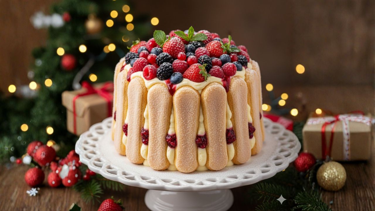 Charlotte gelada de frutas vermelhas com creme de baunilha