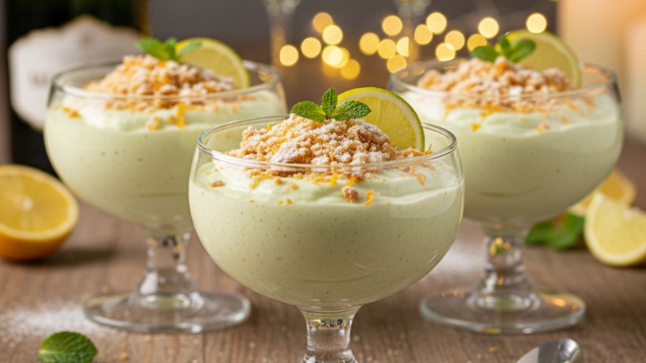 Mousse gelado de limão-taiti com raspas de limão-cravo e farofa crocante de biscoito