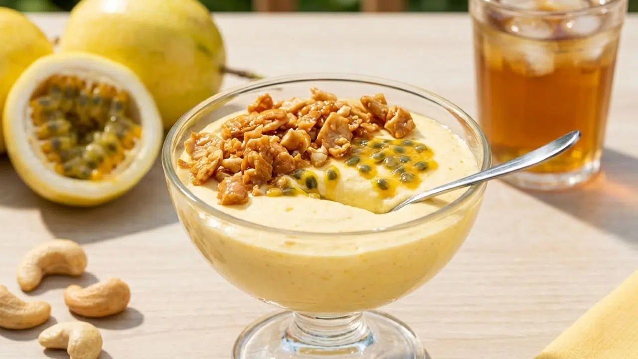 Mousse leve de maracujá com crocante de castanha-de-caju