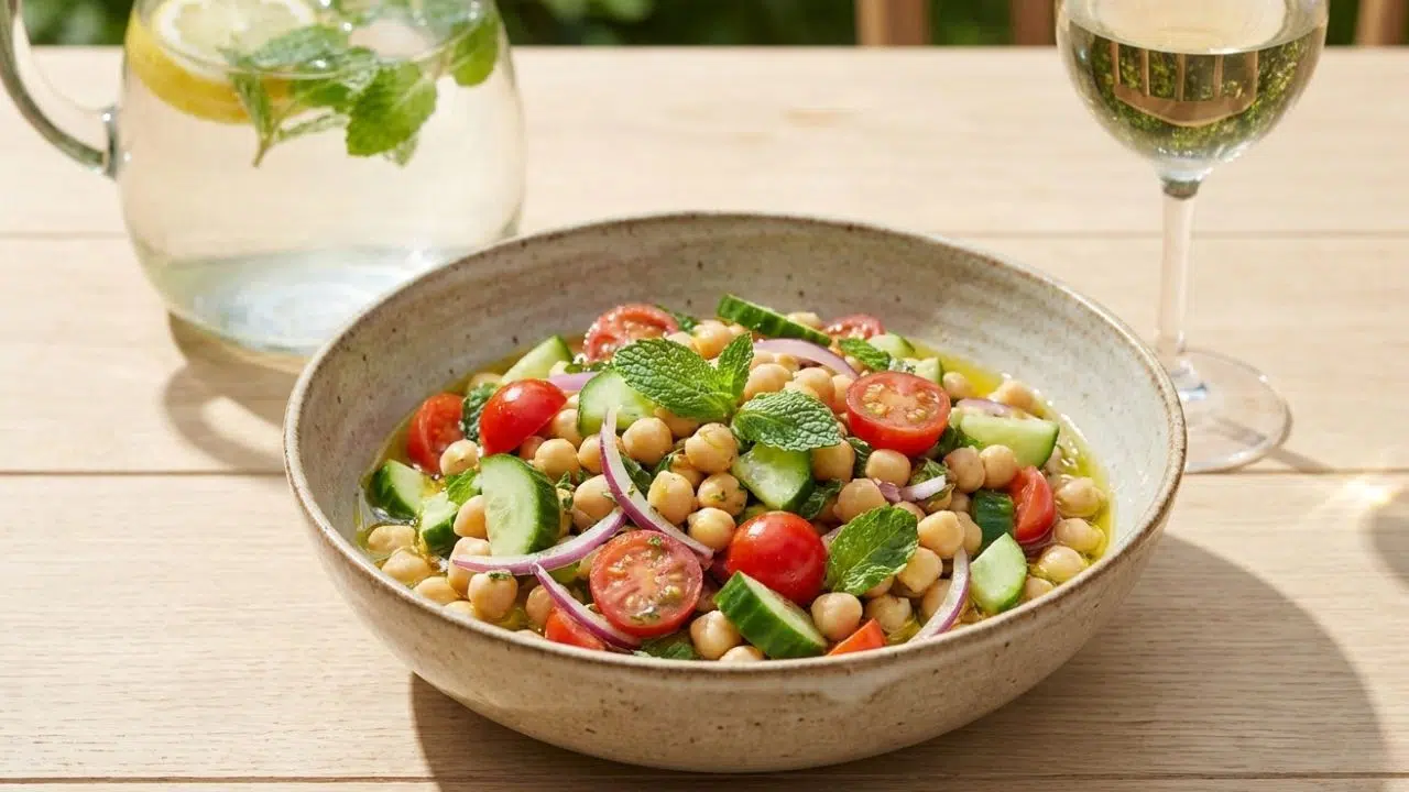 Salada fria de grão-de-bico com pepino, tomate, hortelã e limão