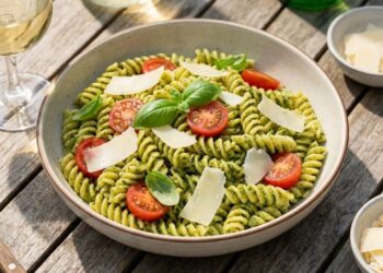 Macarrão frio ao pesto de manjericão com tomate-cereja e parmesão