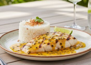 Peixe grelhado com molho de maracujá e arroz de coco leve