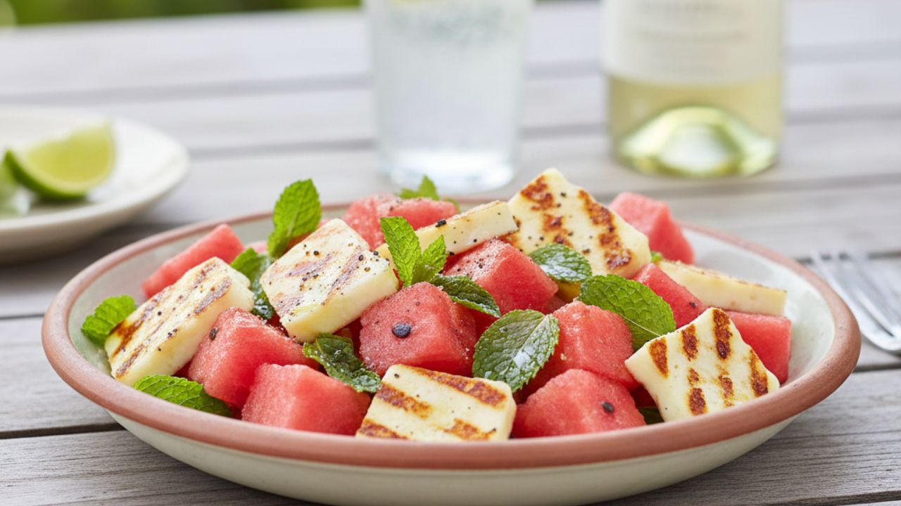 Salada refrescante de melancia com queijo coalho e hortelã