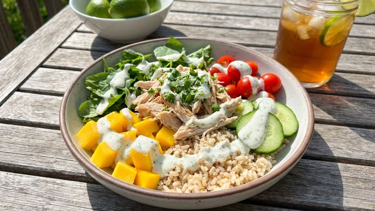 Bowl tropical de frango desfiado com manga, arroz integral e molho de iogurte com limão