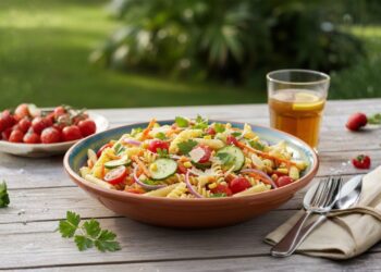 Macarrão frio com legumes, azeite e ervas frescas