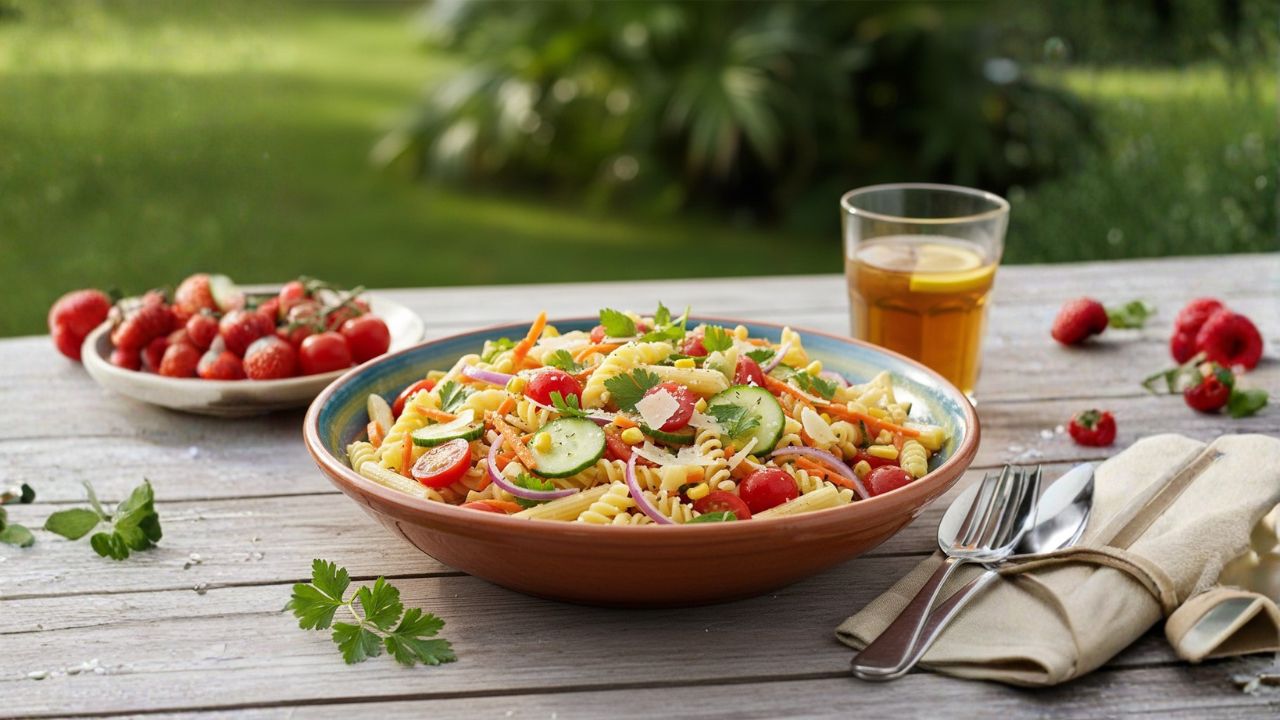 Macarrão frio com legumes, azeite e ervas frescas